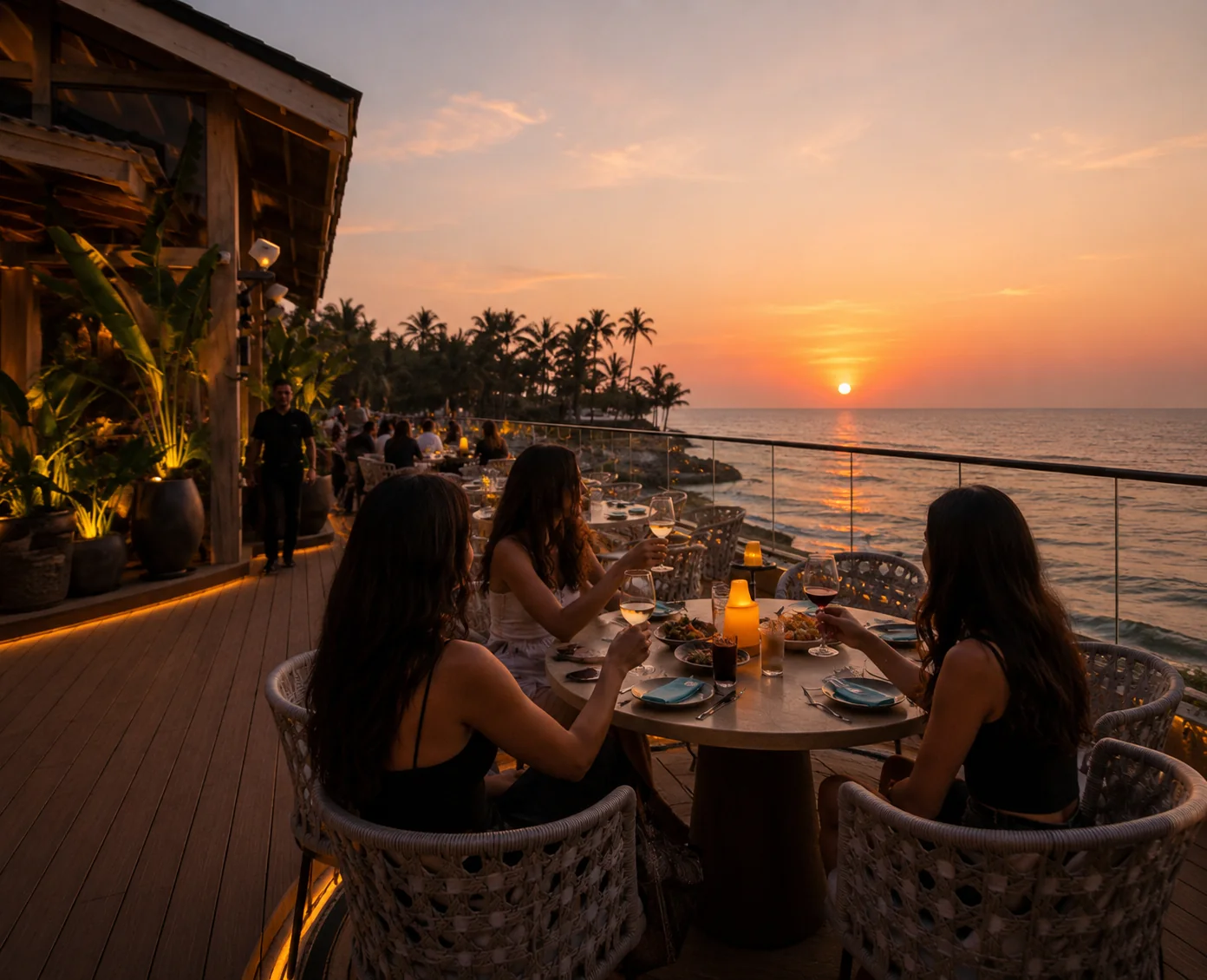 An atmospheric sunset dinner beside the sea in Goa