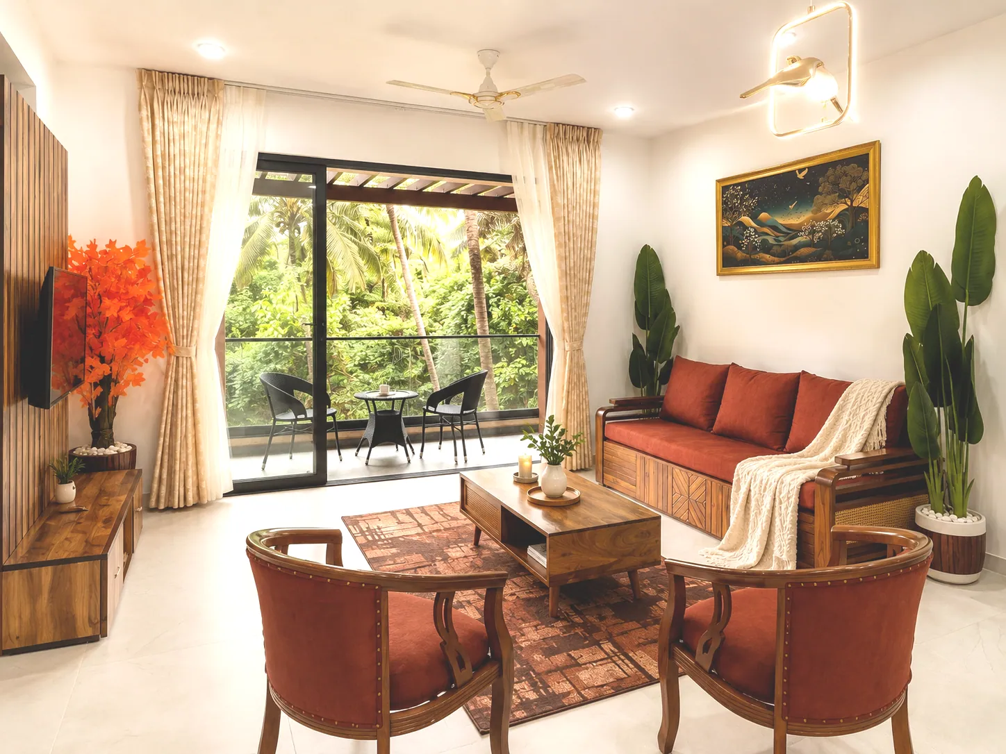 Sunlit one-bedroom living room with warm wood, terracotta seating and a balcony overlooking greenery in Arpora