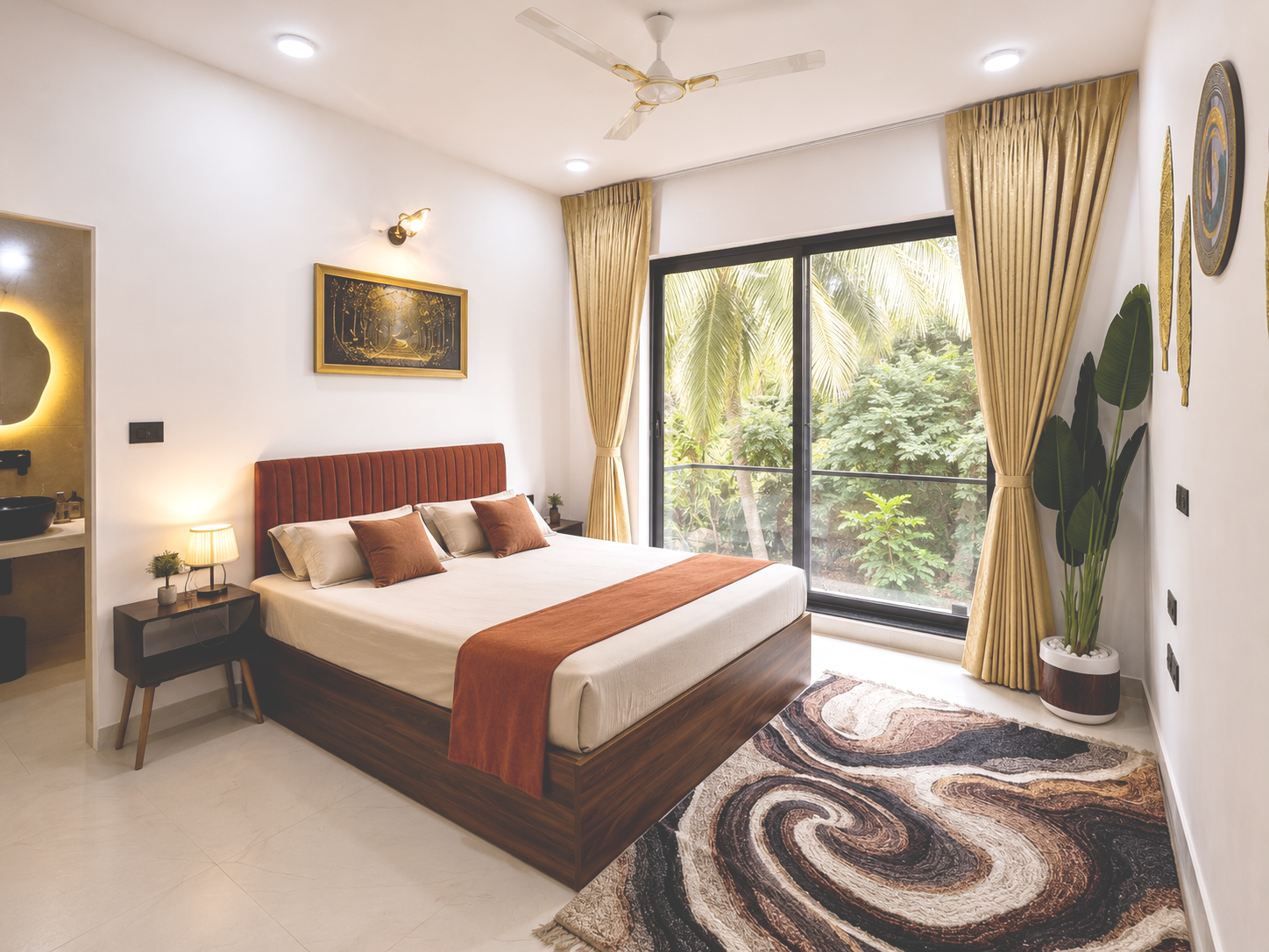 Calm bedroom with a queen bed and leafy views
