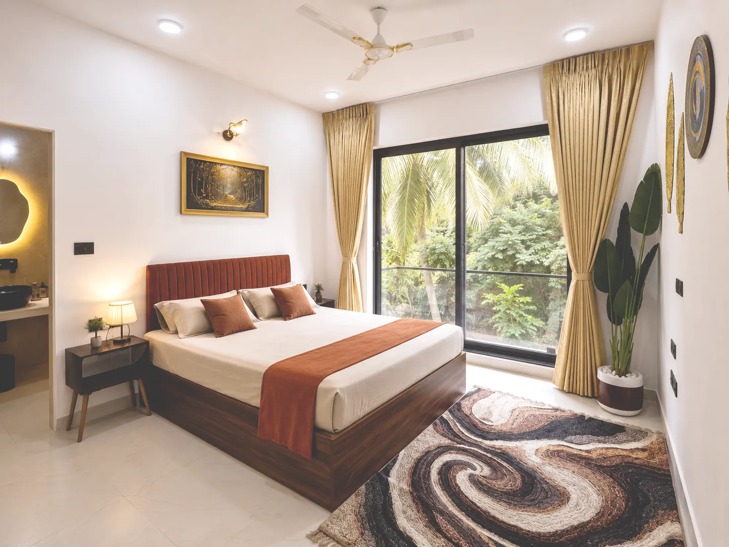 Calm queen bedroom with terracotta accents, gold curtains and full-height windows overlooking coconut palms