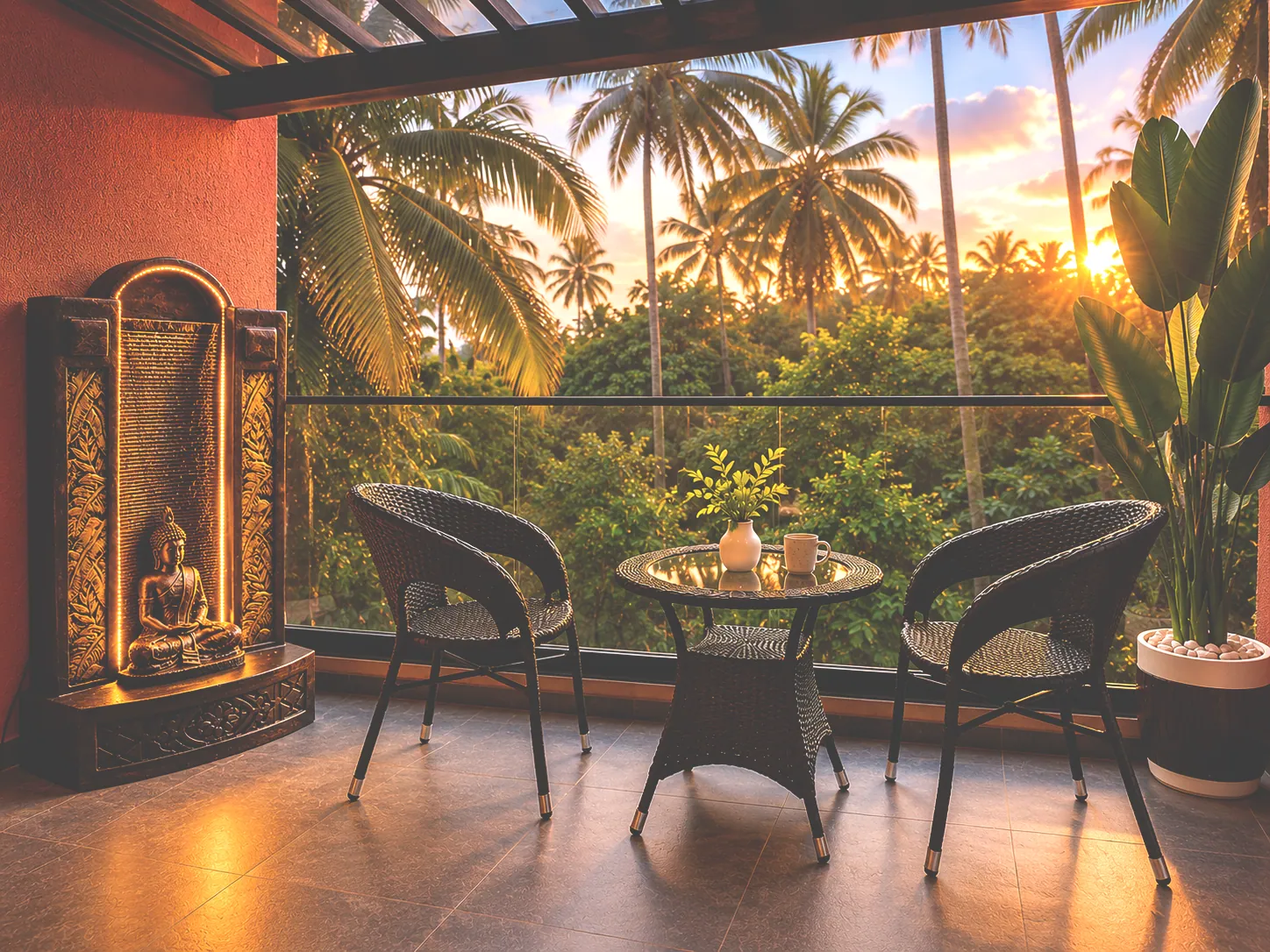 Covered terracotta balcony with two wicker chairs overlooking coconut palms at sunset